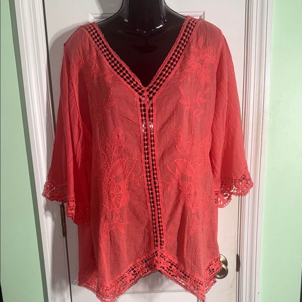 Forgotten Grace Coral Flower Embroidered Cotton Boho Lightweight Top Size XL